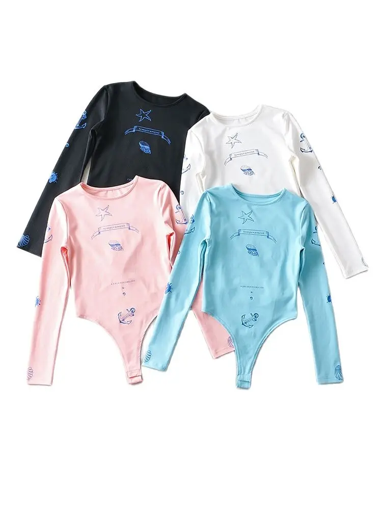 

Women Long Sleeve High Split Bodysuits 2022 O-neck Print Elastic Slim Cotton 4 Colors Bodysuit Tops