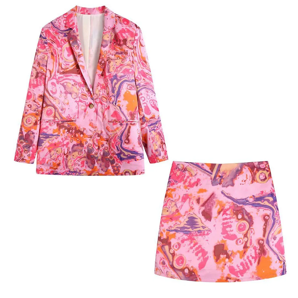 

PB & ZA2022 summer new European and American style women's clothing one button casual pink suit printed coat + short skirt suit