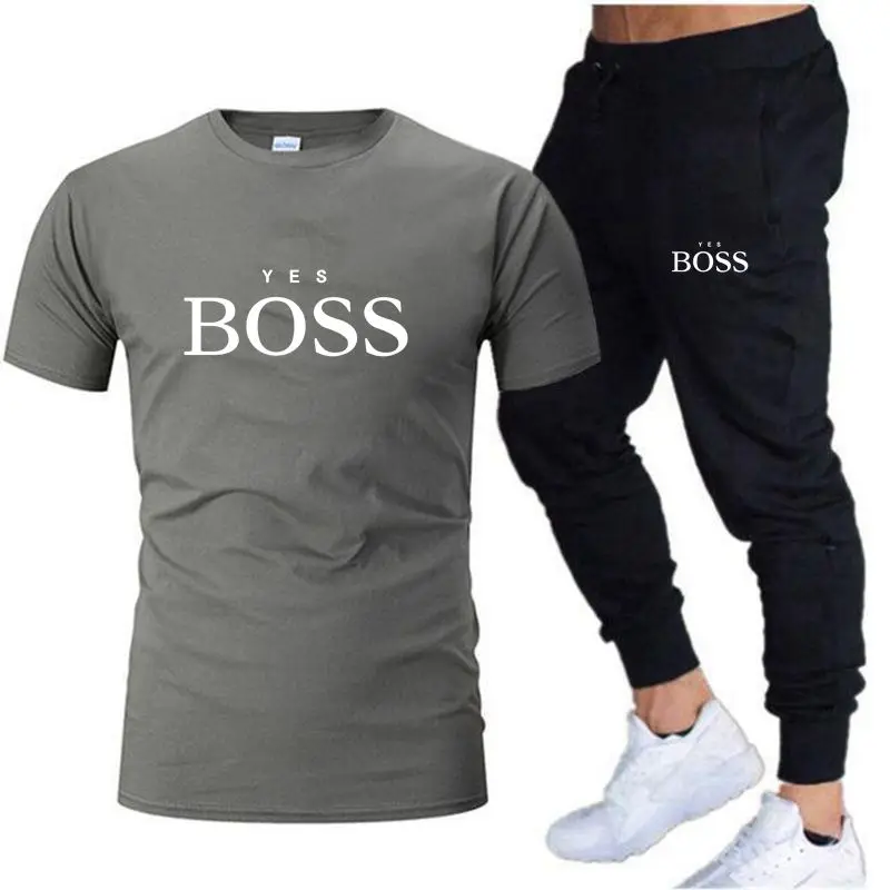 Men's Shirt Tracksuit Two Pieces Sets Men Casual Fitness Sport Suit Short Sleeve T Shirt+Trousers Men's Casual Sportswear Suits