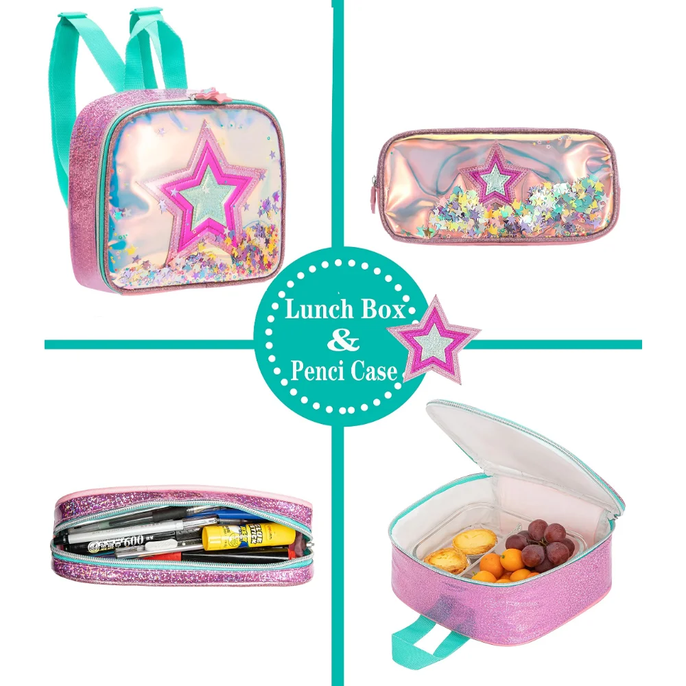 BIKAB School Backpack Girls 16 Inch Girls Backpack Sequin Backpack with Lunch Box Backpack Women Girls School Supplies Set Bags