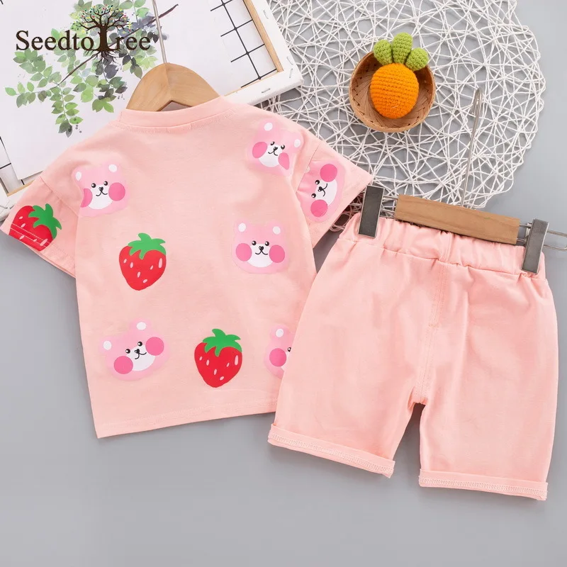 2022 Summer Casual Children's Sets Strawberry Printed Round Neck Short Sleeve T-Shirt Elastic Waist Shorts Two Piece Suit