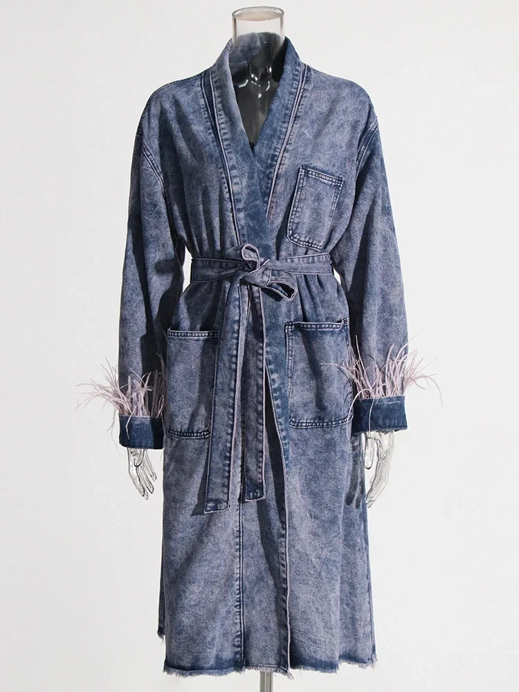 Женское джинсовое платье с перьями v-образным вырезом и длинными рукавами смесь