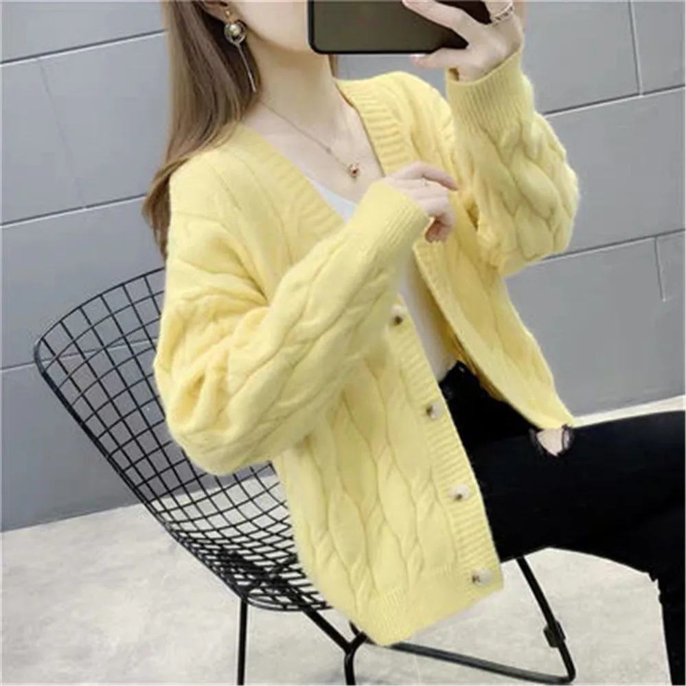 

Yellow Korean Cardigans Women Sweaters V-Neck Long Sleeve Tops Fashionable Solid Knitwear Women's Sweater Cardigan Coat Cloth