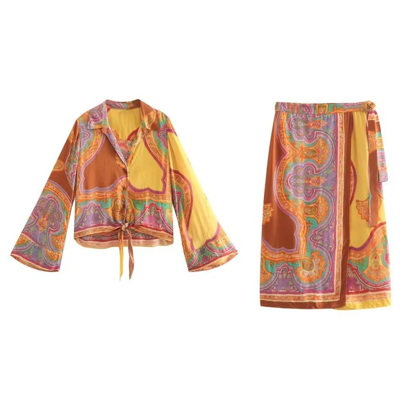 

WXWT 2022 Модные женские комплекты с принтом, украшенная узлом рубашка с длинным рукавом и юбка средней длины с высокой талией, лето XX8806