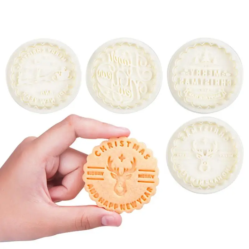 

4Pcs/set 3D Christmas Cookie Cutters Biscuit Mold Plastic Cartoon Pressable Cookie Stamp Xmas New Year Decor Pastry Bakeware