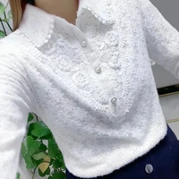 office lady all match open stitch shirt white fashion spring autumn long sleeve polo neck jacquard chic loose casual blouse 2022