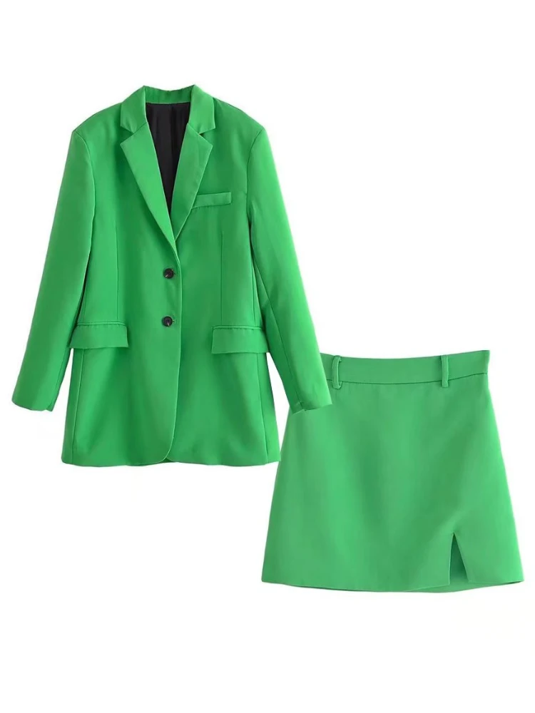

XEASY Vintage 2022 Spring Women Blended Two-piece Set Office Lady Single Breasted Solid Blazer Elegant Female Mini Skirts Suits