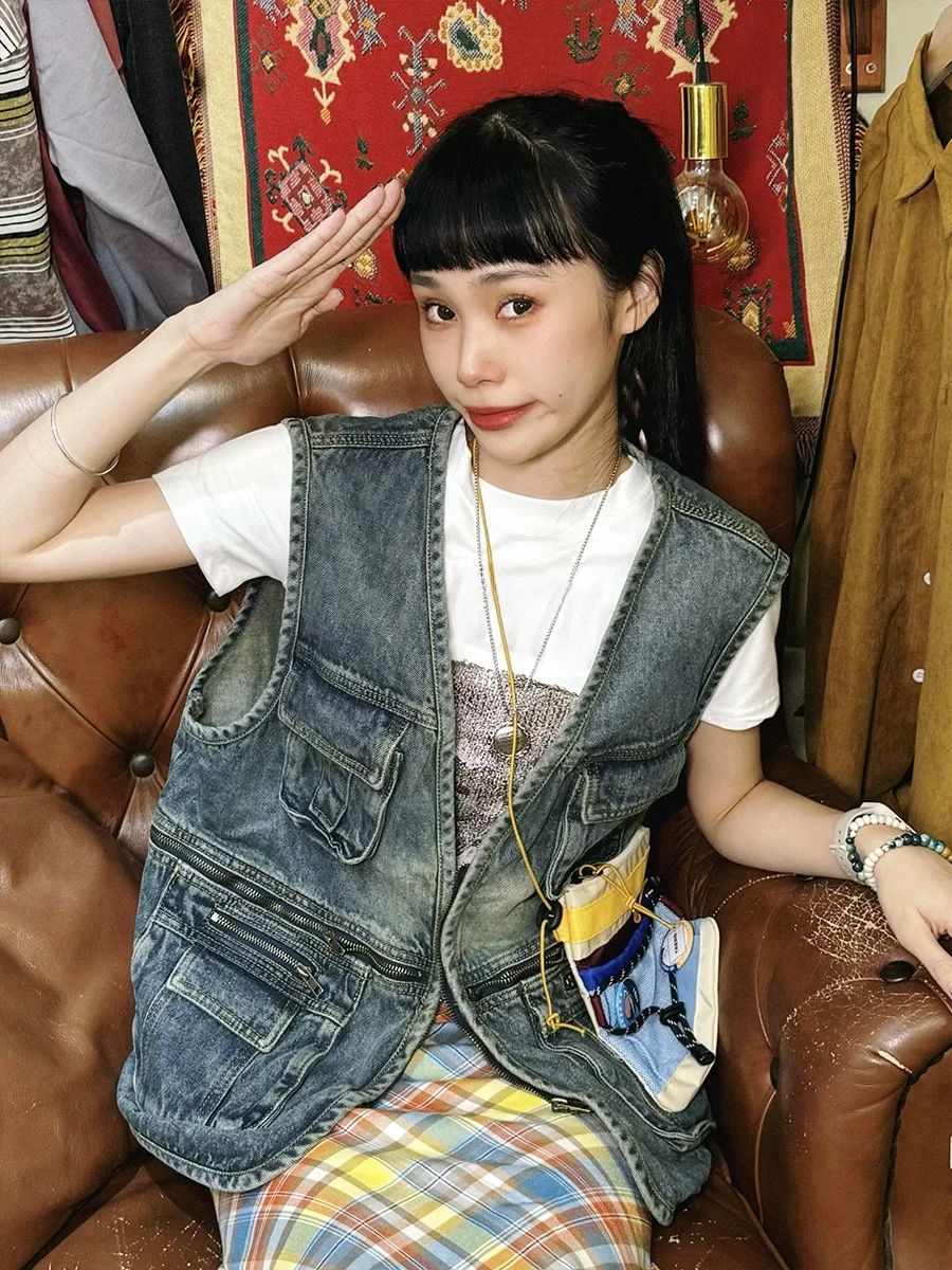 [00 000 80000] Retro Multi-pockets Cargo Denim Vest Women Men's Loose Street Waistcoat Outerwear Tide