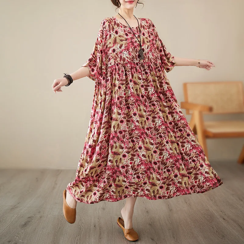 

Loose Pleated Batwing Sleeve Midi Dress - Casual Vintage Style - Floral Print