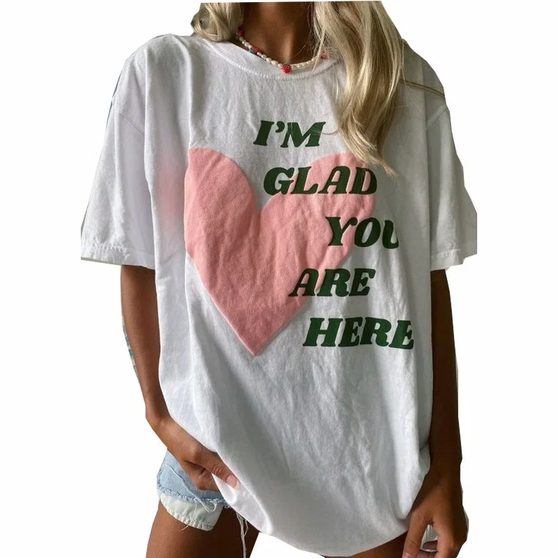 

Oversized T Shirt Love Letter Print Graphic Tee for Women Loose Casual T-shirt O Neck Y2K Aesthetic Clothes Summer Fashion Tops