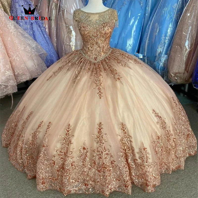 

Rose Gold 2023 Quinceanera Dresses Scoop Neck Tassel Beaded Appliques Keyhole Back Ball sweet 16 Prom Gowns vestidos de 15 VF29