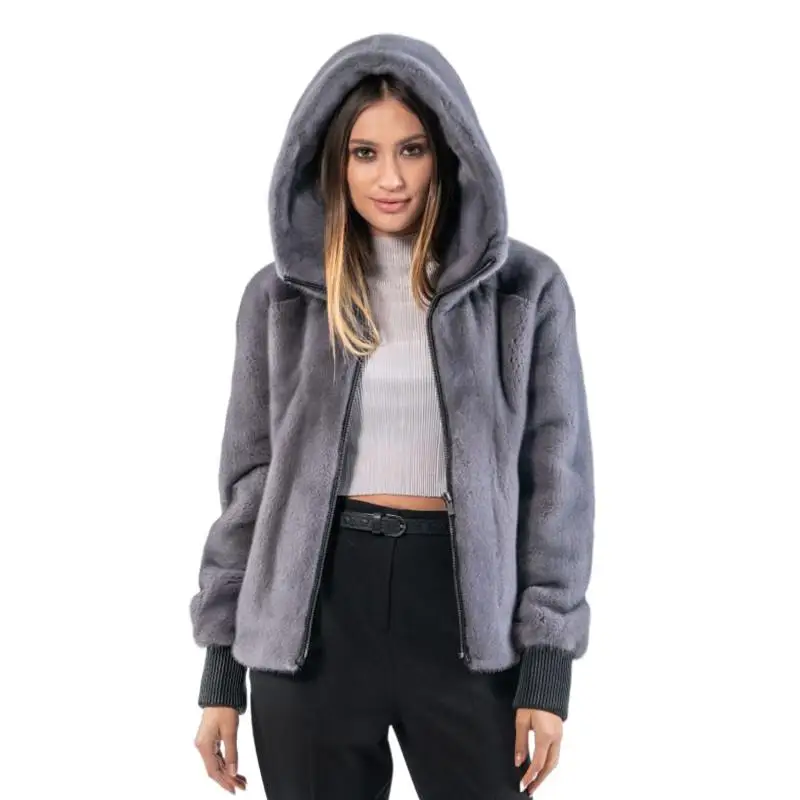 Winter Real Mink Fur Coat For Woman Warm Jacket With Hat & Zipper Ladies Cold-Resistant Short Outerwear Fashion Spring Essential enlarge