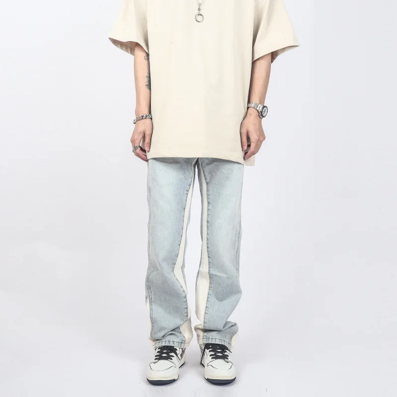 Four Seasons Men Jeans High Street Retro Loose Washed Blue Vibe Style Patchwork Jeans Korean Y2K Pants Ins Hot Sale Men Clothing