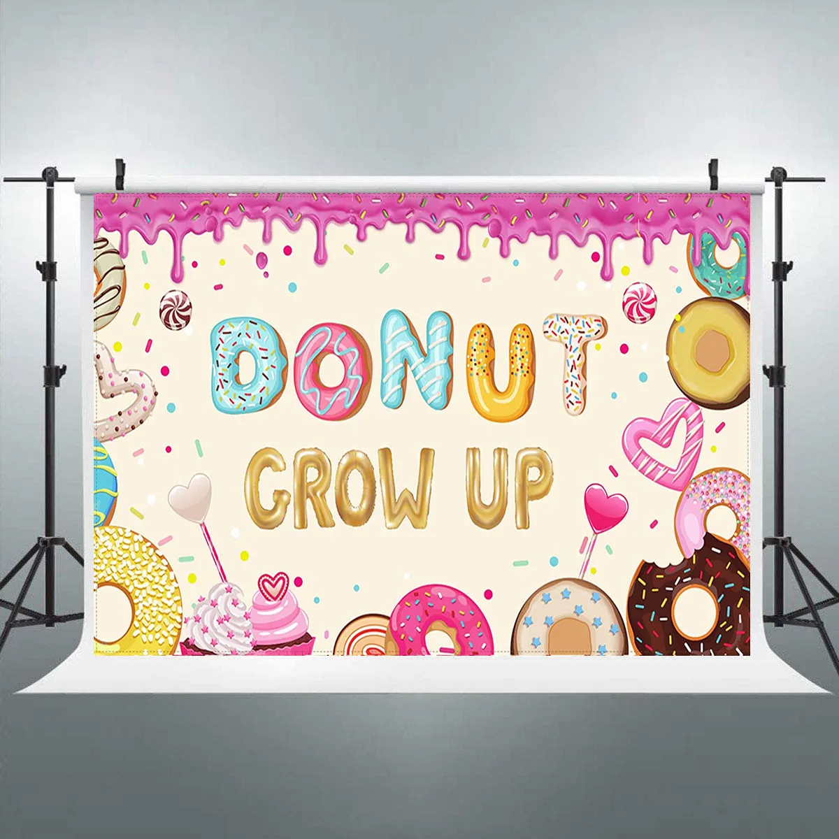 

Donut Grow up Birthday Party Wall Backdrop Sweet Donuts Photography Background Decorations for Newborn Kids Girls Baby Shower