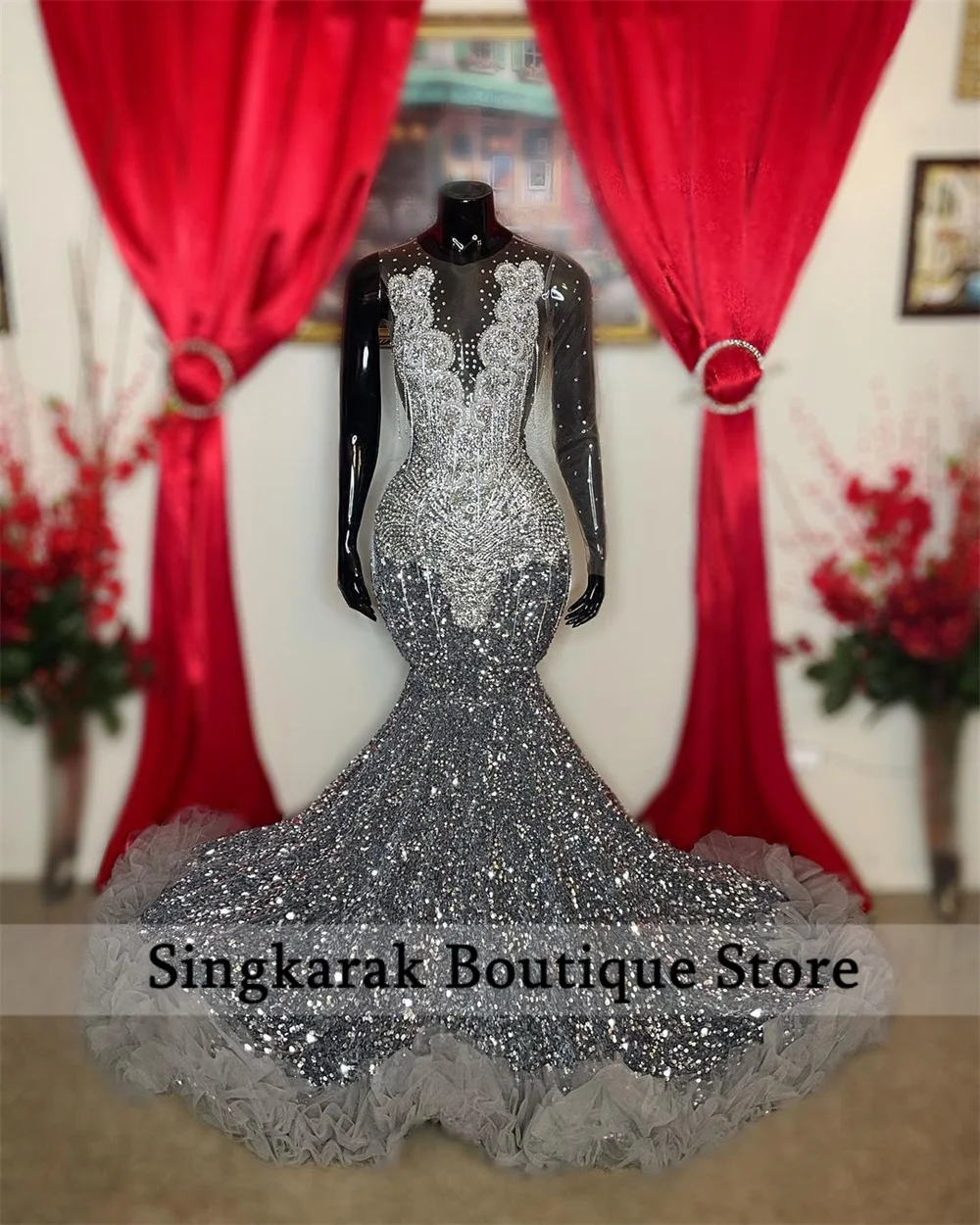 Luxury Sparkly Mermaid Prom Dress 2022 For Black Girls Glitter Sequins Ruffle Tassels Bead Rhinestone Evening Gown Robe De Bal images - 6