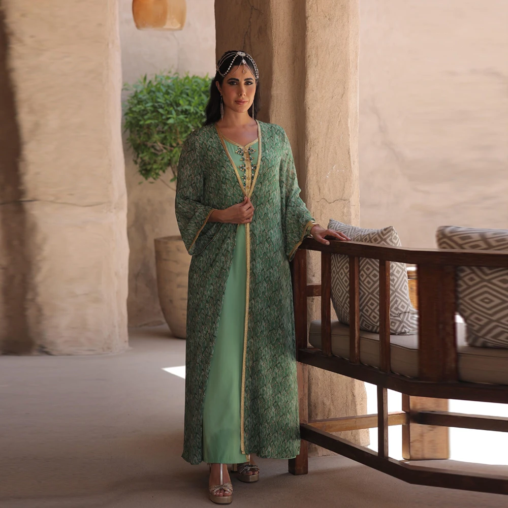 Роскошные зеленые мусульманские комплекты для женщин Eid Arabic Femme Дубай женское