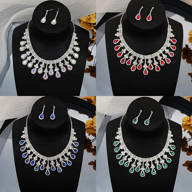 

New European and American Hot-selling Bridal Necklace Set Fashion High-end Color Crystal Necklace and Earrings Two-piece Set