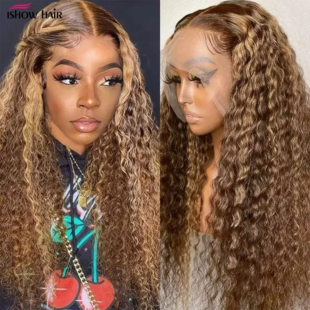 30 Inch Highlight Wig Human Hair 13X4 Deep Wave Frontal Wig P4/27 Honey Blonde Highlighted Lace Frontal Wigs For Black Women