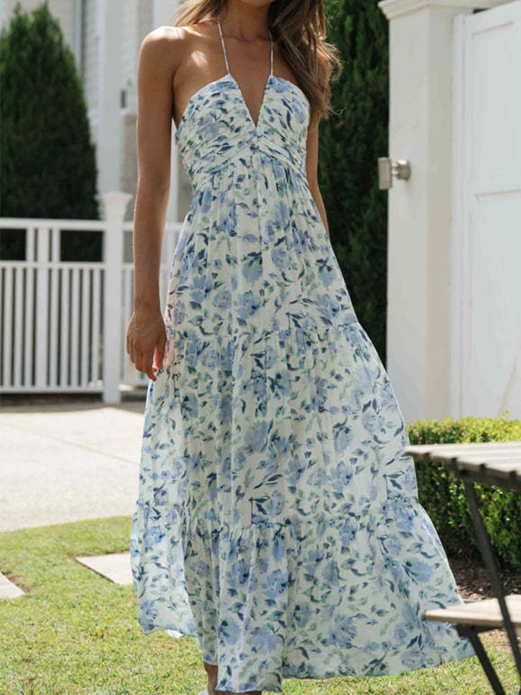 

Шифоновое летнее женское платье с V-образным вырезом и открытой спиной