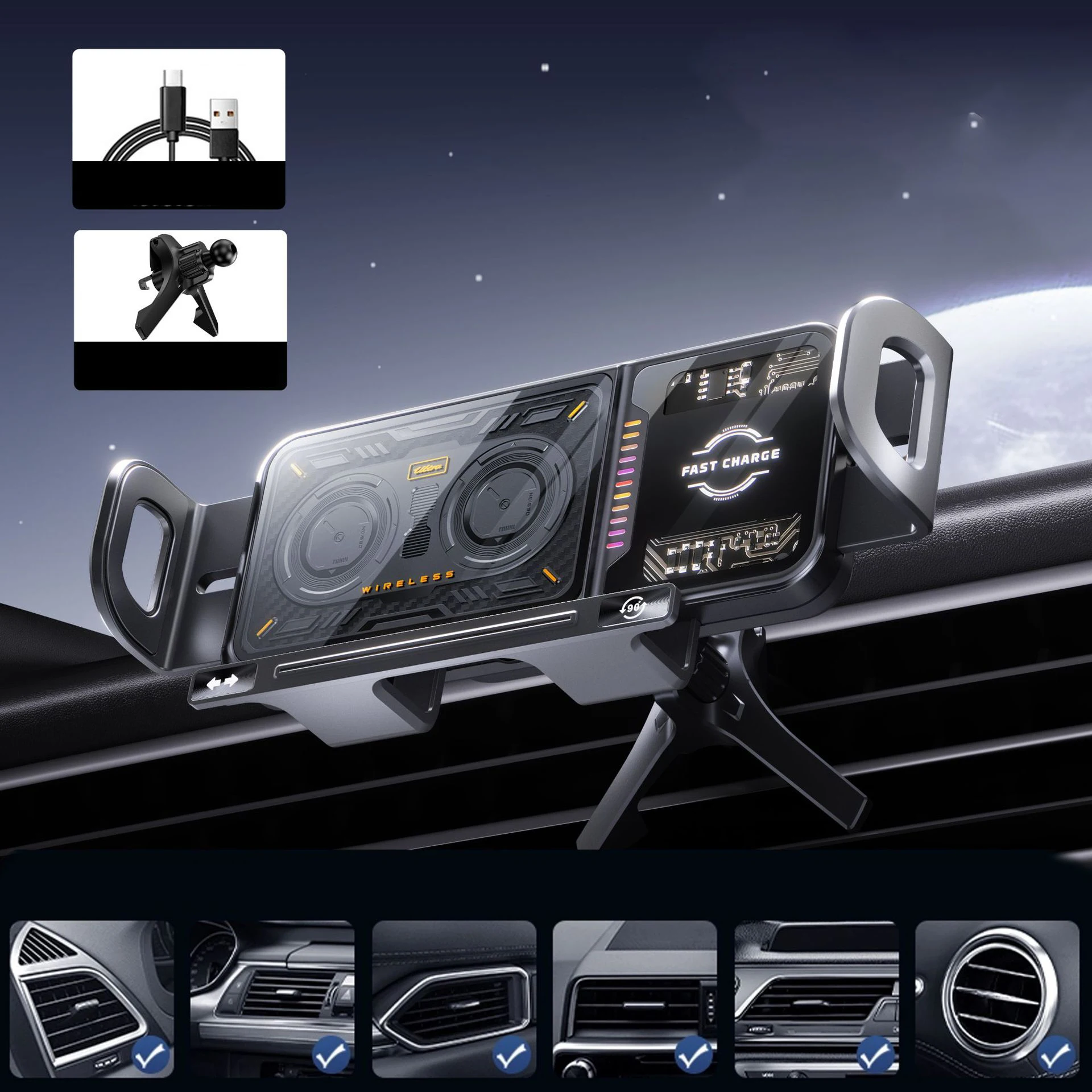 

Высокоинтеллектуальный держатель для мобильного телефона/планшета, магнитный держатель для телефона для автомобиля, автоматический вращающийся держатель для телефона 2 в 1, беспроводное автомобильное зарядное устройство