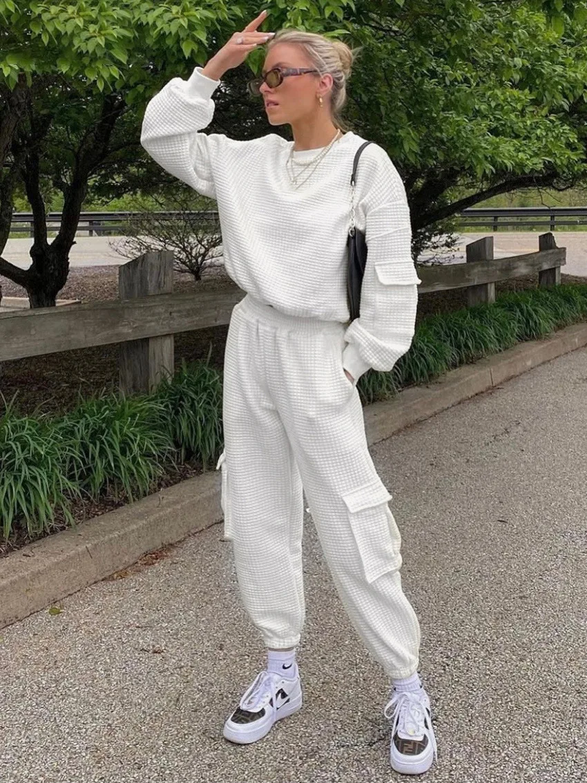

Женский брючный костюм с высокой талией, Белый Свободный пуловер с круглым вырезом и длинным рукавом, шикарная уличная одежда, осень 2023
