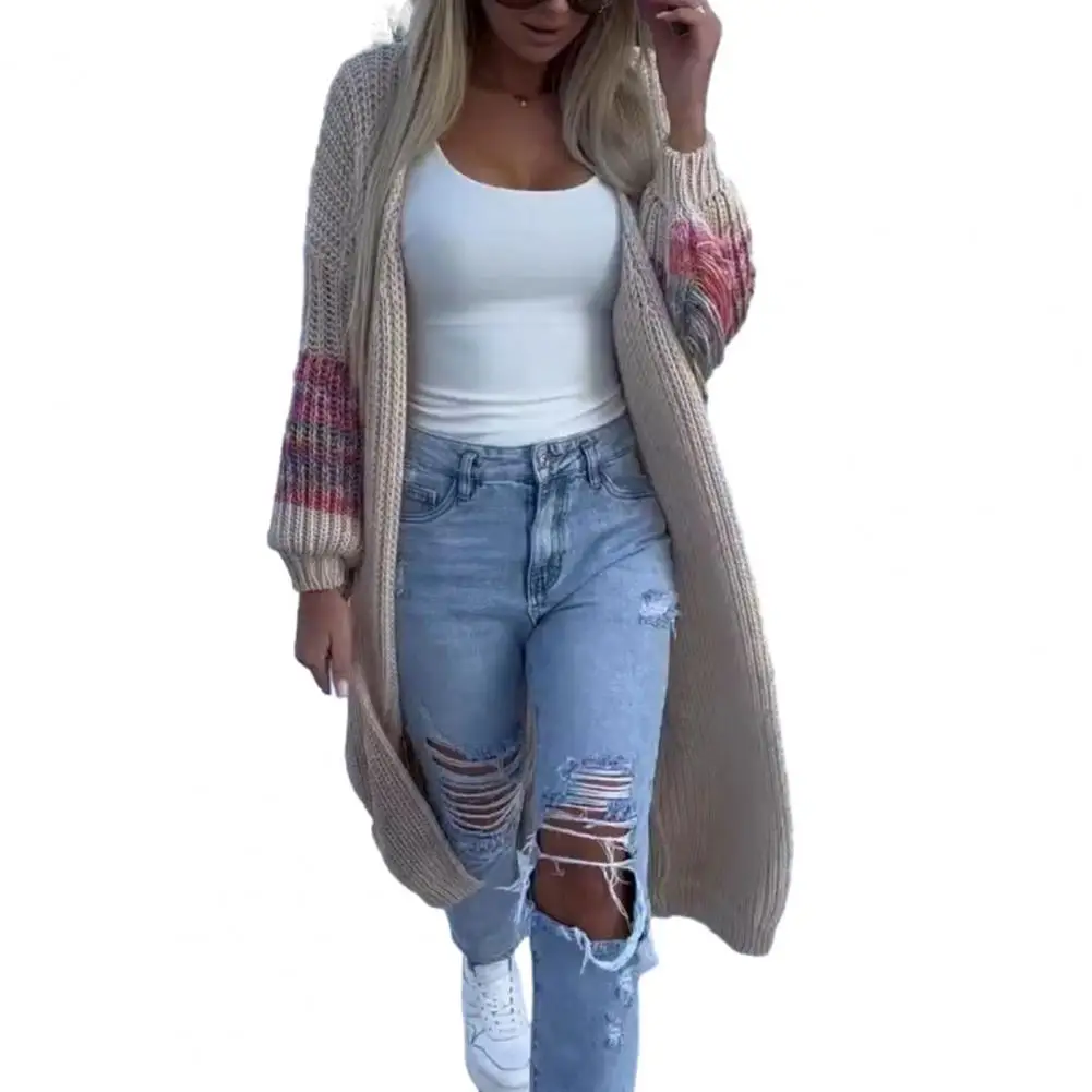 

Color Matching Sweater Coat Stylish Women's Mid-calf Sweater Coat Thick Knitted Tassel Cardigan with Elastic Loose for Winter