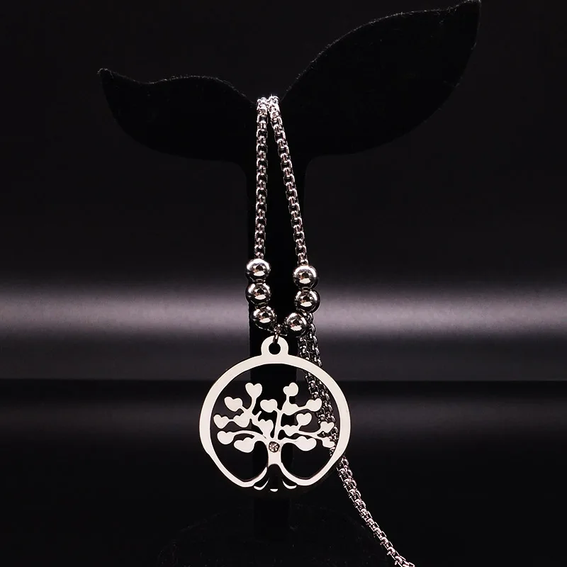 

Bohemian Stainless Steel Tree of Life Chunky Necklace Women Jewelry Silver Color hollow bead Necklace Pendant Jewelry N44S08