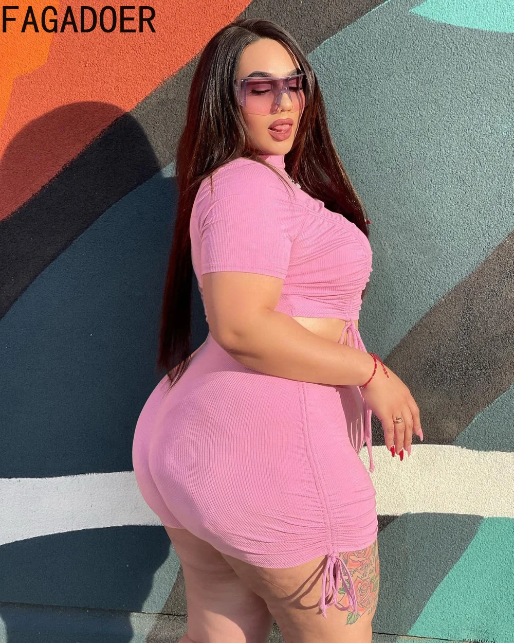 FAGADOER Summer New Solid Shorts Two Piece Set XL-4XL Plus Size Women Round Neck Drawstring Crop Top + Skinny Shorts 2pcs Outfit
