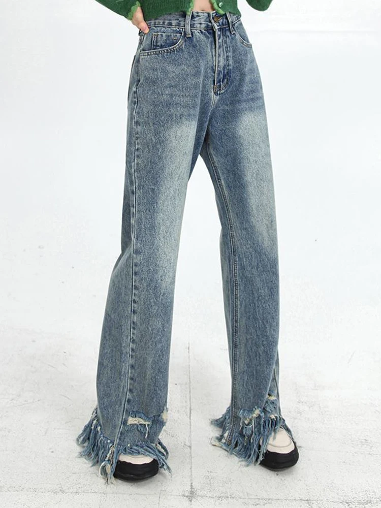 

Blue High Waist Women's Ripped Tassel Jeans Wide Leg Baggy Chic Design Denim Pants Streetwear Vintage Straight Jean Trouser