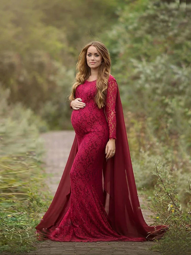 Enlarge Long Sleeves Maternity Dresses for Photo Shoot Pregnancy Photoshoot Dress Cape Fluttering Yarn Pregnant Dress for Photography
