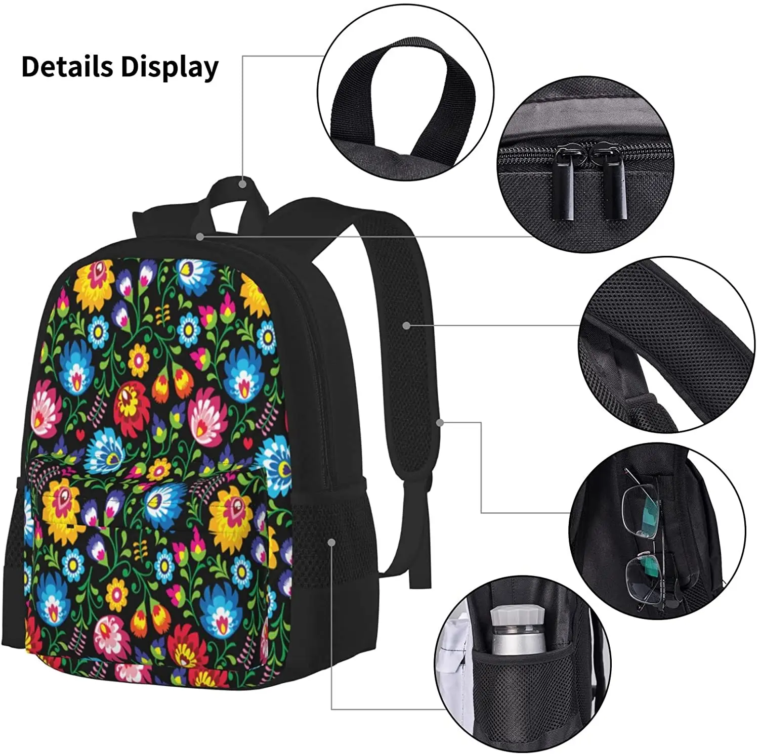 Polish Folk Art Floral Vintage Schoolbag Travel Bag Casual Daypack Lunch Bag Pencil Case for Boys Teens Girls 3pcs Sets