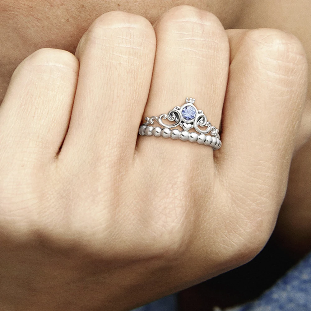 Bague diadème bleu Pandora Cendrillon pour femme, argent 925, bijoux de style rétro, niche, rêveur et doux avec sac