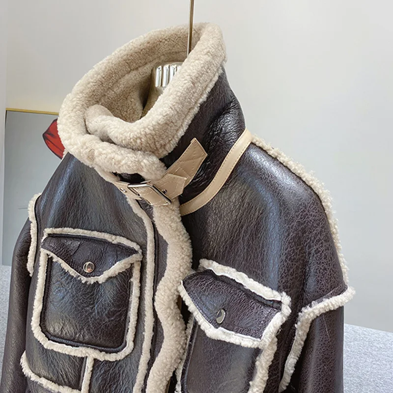 Women Real Shearling Lamb Fur Jackets Winter Double Face Coats Lady Crop Jacket Thick Warm Genuine Leather S3659