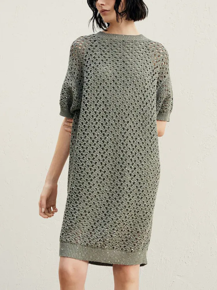 

Women Mini Dress Hollow Out Sequin O-Neck Short Sleeve Casual Robe