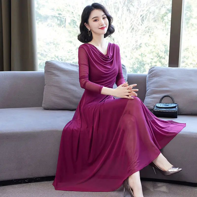 

Spring and Autumn Mesh Dress Waist Slim Long Fashion Temperament Long Sleeve Dress Plus Size Women's 4XL 3XL Married Ladies