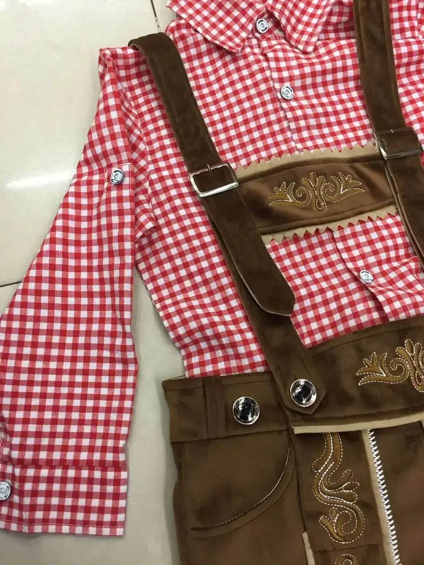 Фото Детский костюм Октоберфеста, клетчатый Lederhosen, баварский немецкий пивной фестиваль, фантазийный праздничный костюм для детей, мальчиков на Хэллоуин №5