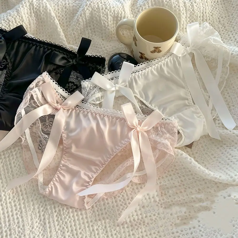 Однотонное кружевное нижнее белье с бантом дышащее ажурное женское трусики