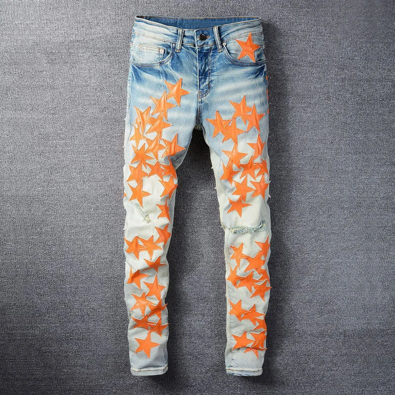 

Homme Hip Hop Pantalon Trend Multicolor Star Pattern Patch Elegant Men Jeans Trendy Street Men's Pants Punk Denim Long Trousers