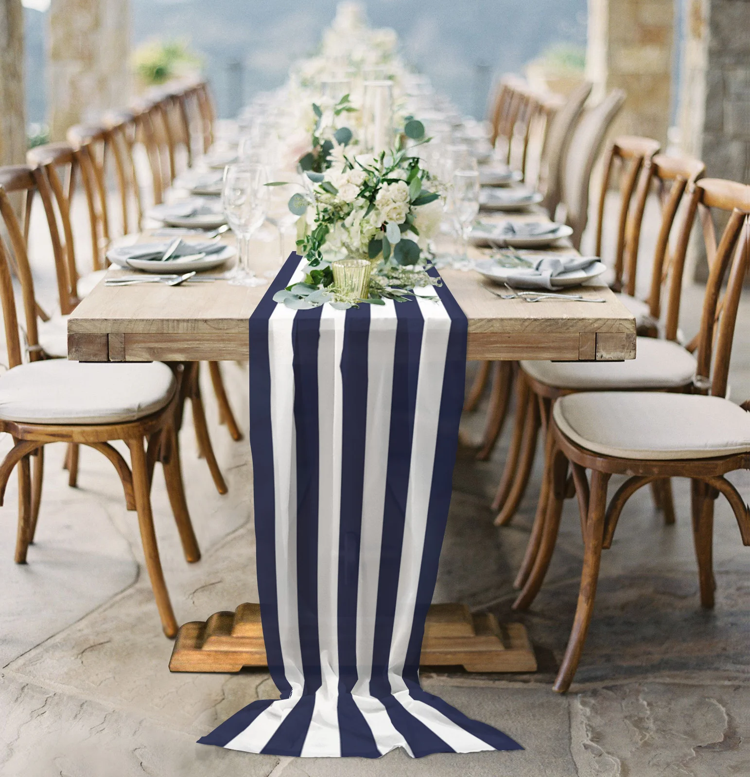 Navy Blue White Stripes Sheer Chiffon Table Runner Wedding Party Table Decoration Tablecloth Kitchen Table Runner