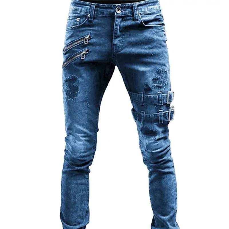 

Men's High Waist Fashion Jeans Double Zipper Design Washed Frosted Street Wear Cool Teen Love Pants with Small Feet