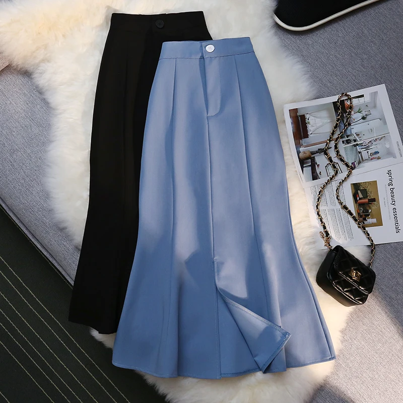 

Korean High Waist Trumpet Skirts Women 2022 Summer New Elegant Solid Color Slim Slit Wraps Long Skirt Female