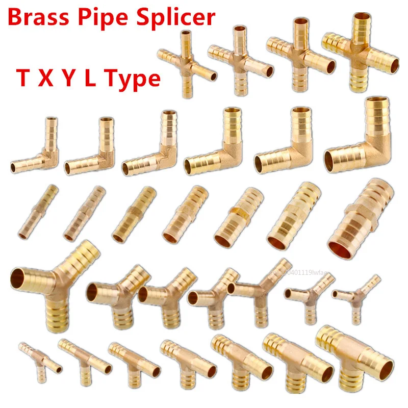 Brass Splicer Pipe Fitting water gas air joint  T X Y L Type Hose Barb Tail 6 8 10 12 14 16 19 mm Male Connector Copper Adapter