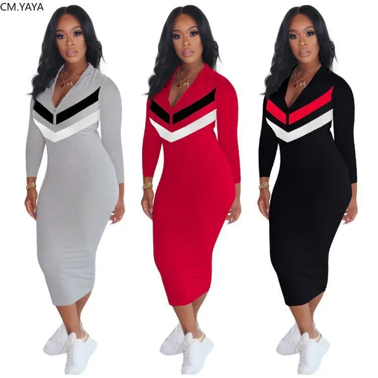 

CM.YAYA Autumn Active Wear Long Sleeve Zipper Up Striped Splicing Women Sports Moto Biker Bodycon Midi Dress Vestidos