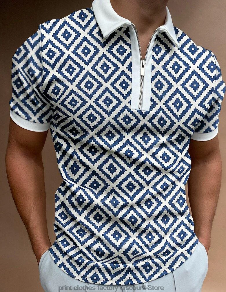 

New Summer Men's Polo Shirt 2022 Stitching Color With Zipper Checkered T-shirt Short Sleeve Tops Men'Clothes