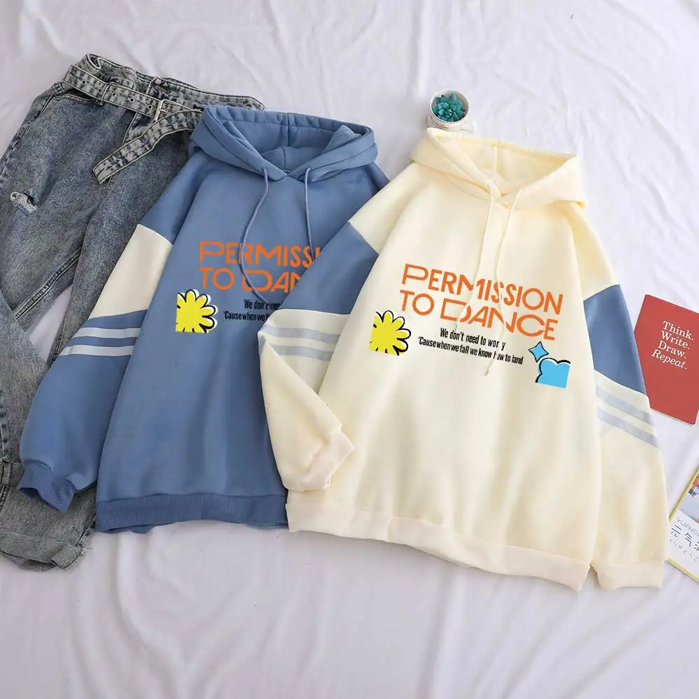 

Women Fall Winter Contrast Color Splicing Fleece Harajuku Sweatshirt Bangtan Boys Kpop Permission To Dance Print Letter Hoodies