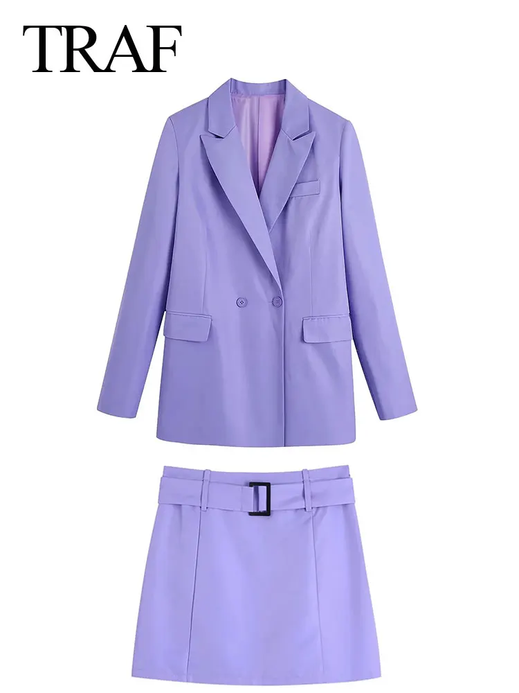 

Женский Повседневный костюм TRAF ZA, однотонный фиолетовый свободный простой блейзер и юбка с поясом, приталенная короткая юбка на молнии