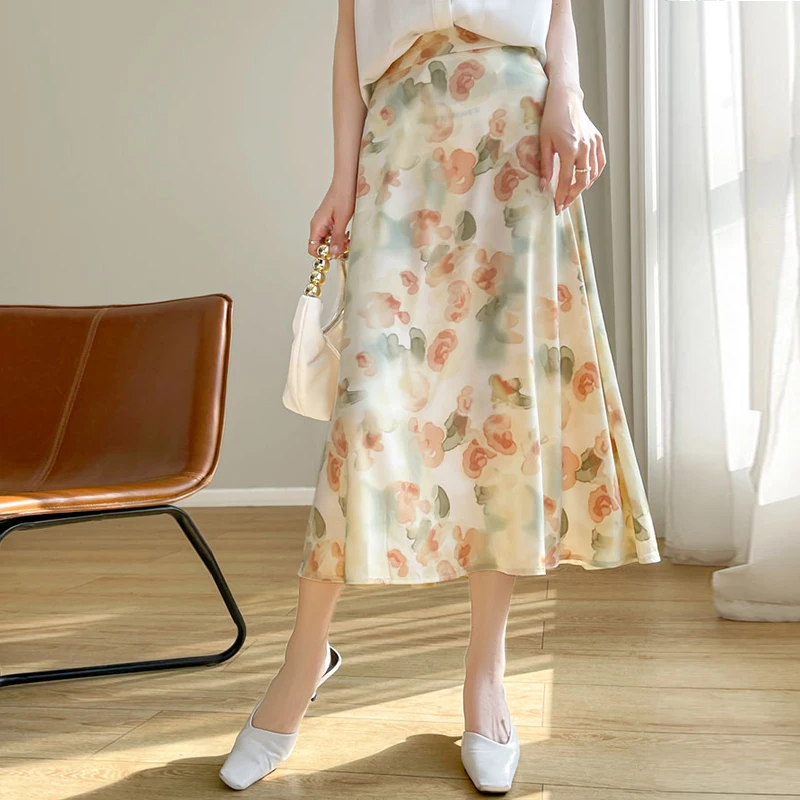 Женская универсальная юбка с высокой талией гладкая атласная шелковая А-силуэта