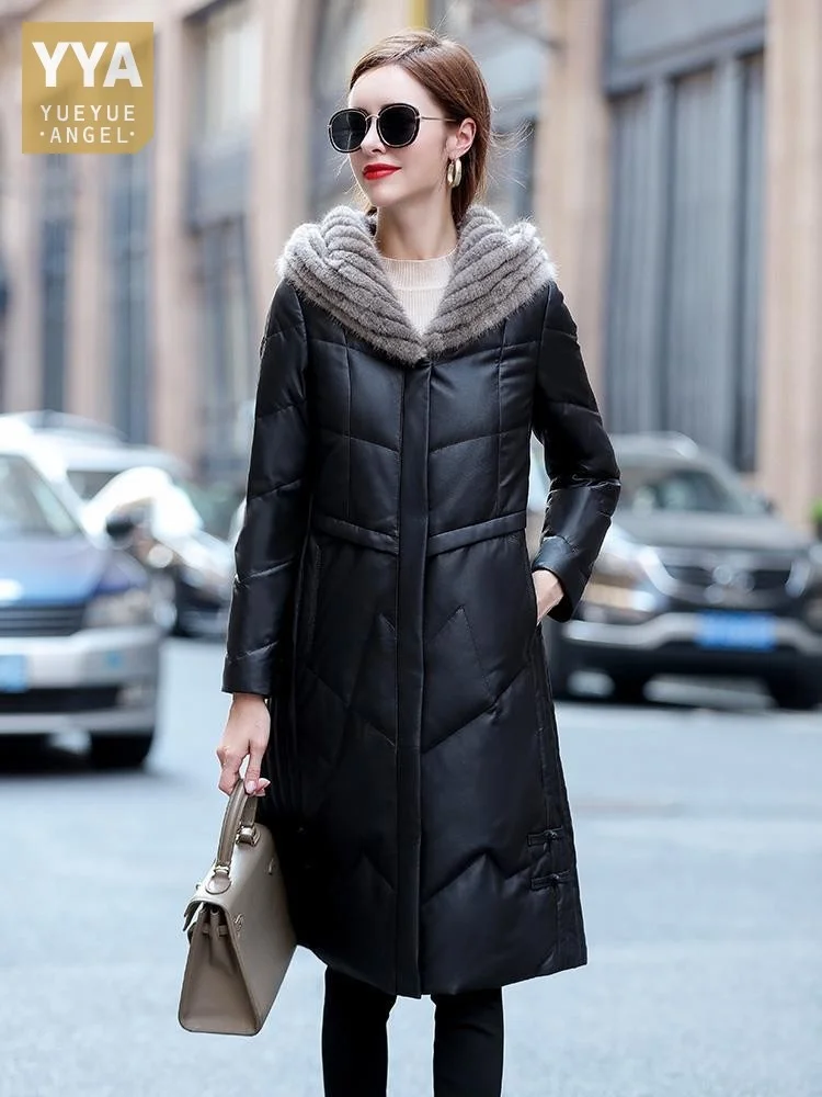 

Women Slim Fit Thick Winter Warm Long Down Jacket Office Ladies Mink Fur Hooded Sheepskin Genuine Leather Overcoat Trench Coat