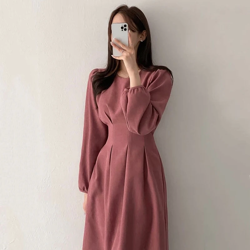 

Spring Elegant Temperament Round Neck Pleated Design Waist Slim Puff Sleeve Mid-length Dresses For Women