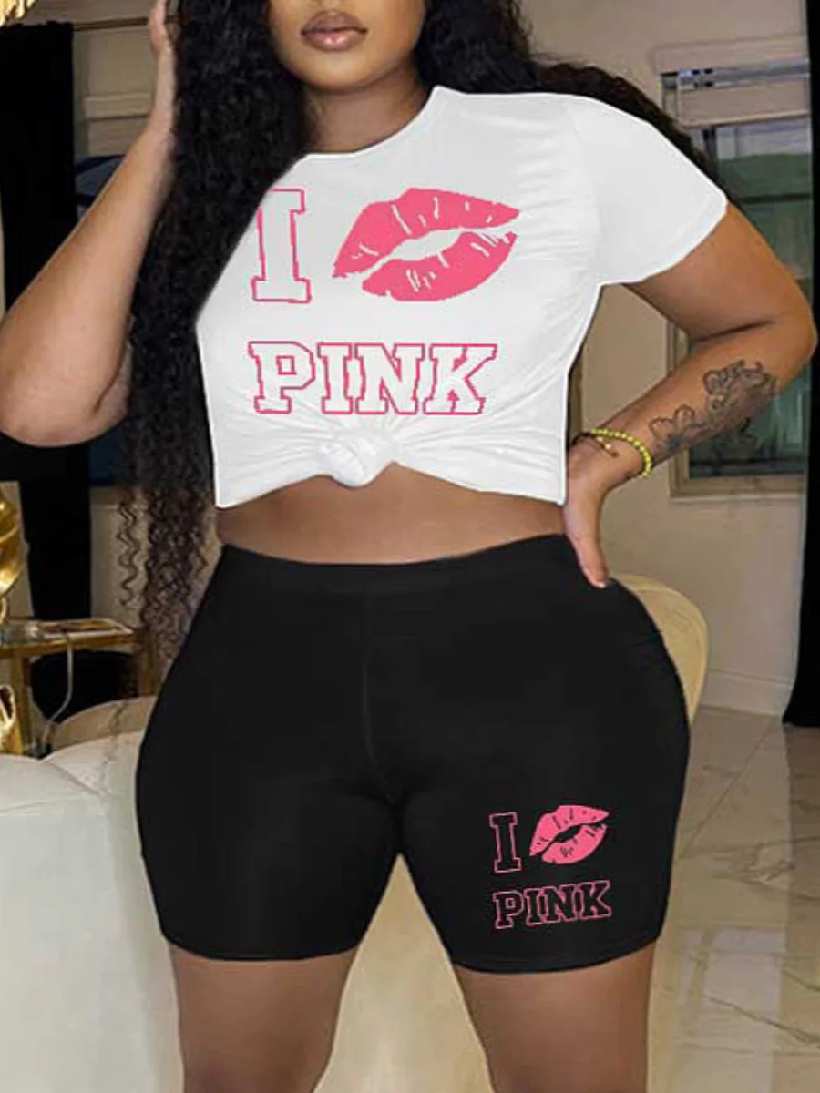 LW Summer Women Clothing Set Plus Size Pink Letter Lip Print Shorts Set short Sleeve Tshirt+Shorts 2Pcs Tops Sports Casual Suit